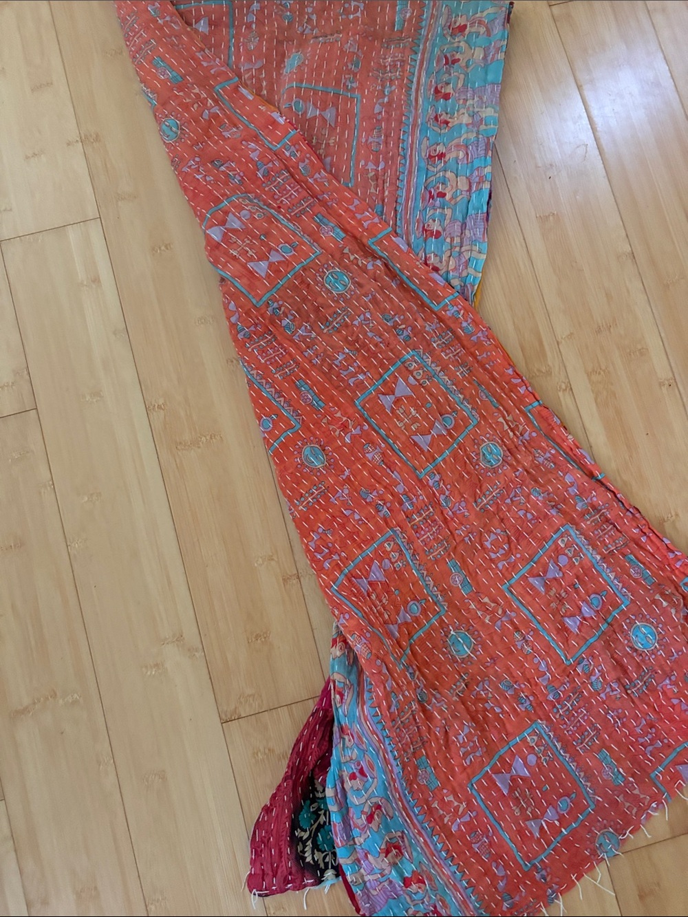 Vibrant Patchwork Kantha Scarf in Orange, Pink & Purple - Picture 5 of 5